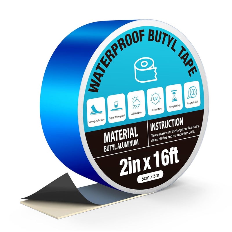 360Tronics Blue Waterproof Tape 2in x 16ft, Super Sticky Outdoor Repair Butyl Tape for Pool Cover, Metal Roof Crack Sealing, Boat, RV Awning, Leak Proof Patch - Image 1